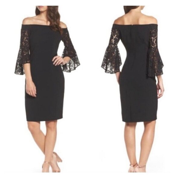 Chelsea28 Off the Shoulder Bell Sleeve Black Lace Cocktail Dress Size 2 - Picture 1 of 6
